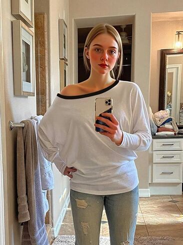 Dressmine المرأة قبالة الكتف الباردة قمم طويلة الأكمام غير المتكافئة قمم مثير بلوزة قمصان غير رسمية فضفاضة قارب الرقبة الستر in Kuwait
