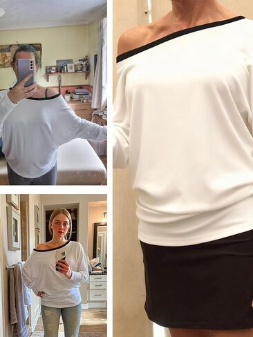 Dressmine المرأة قبالة الكتف الباردة قمم طويلة الأكمام غير المتكافئة قمم مثير بلوزة قمصان غير رسمية فضفاضة قارب الرقبة الستر in Kuwait