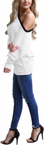 Dressmine المرأة قبالة الكتف الباردة قمم طويلة الأكمام غير المتكافئة قمم مثير بلوزة قمصان غير رسمية فضفاضة قارب الرقبة الستر in Kuwait