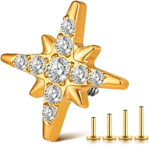 1PC ASTM F136 Titanium Threaded(0.9mm internal) Super Stars CZ Tops Piercing studs for Conch,Tragus,Helix,Lobe Come With 4PCS Different Lengths Post 16G 18G 20G Flatback earring nose Jewelry Gold Silver in Kuwait