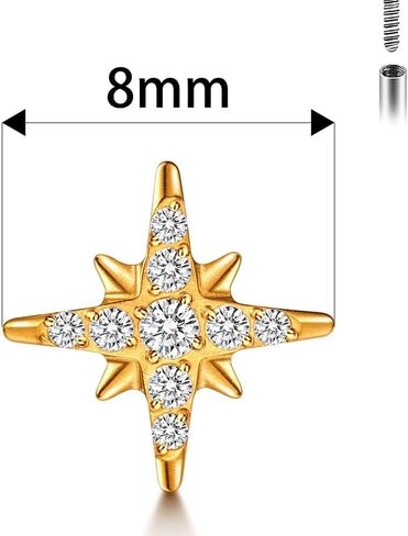 1PC ASTM F136 Titanium Threaded(0.9mm internal) Super Stars CZ Tops Piercing studs for Conch,Tragus,Helix,Lobe Come With 4PCS Different Lengths Post 16G 18G 20G Flatback earring nose Jewelry Gold Silver in Kuwait