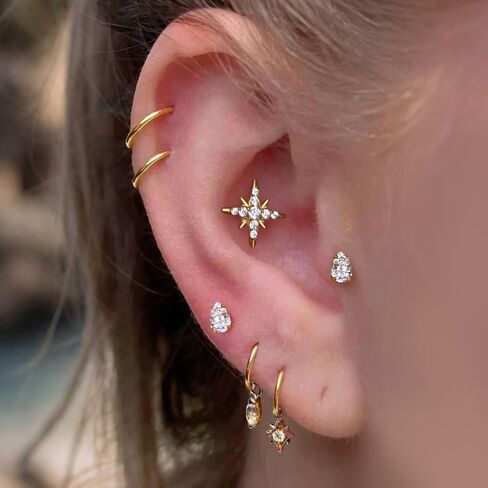 1PC ASTM F136 Titanium Threaded(0.9mm internal) Super Stars CZ Tops Piercing studs for Conch,Tragus,Helix,Lobe Come With 4PCS Different Lengths Post 16G 18G 20G Flatback earring nose Jewelry Gold Silver in Kuwait