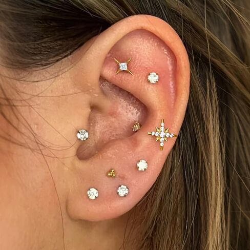 1PC ASTM F136 Titanium Threaded(0.9mm internal) Super Stars CZ Tops Piercing studs for Conch,Tragus,Helix,Lobe Come With 4PCS Different Lengths Post 16G 18G 20G Flatback earring nose Jewelry Gold Silver in Kuwait