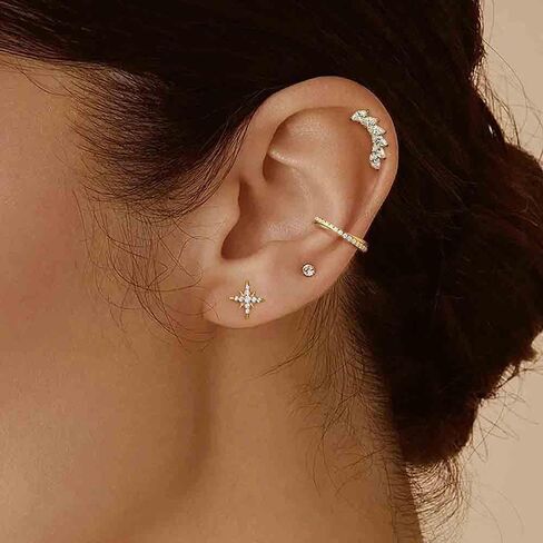1PC ASTM F136 Titanium Threaded(0.9mm internal) Super Stars CZ Tops Piercing studs for Conch,Tragus,Helix,Lobe Come With 4PCS Different Lengths Post 16G 18G 20G Flatback earring nose Jewelry Gold Silver in Kuwait