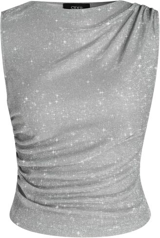 CIDER Round Neck Ruched Glitter Asymmetrical Tank Top in Saudi Arabia