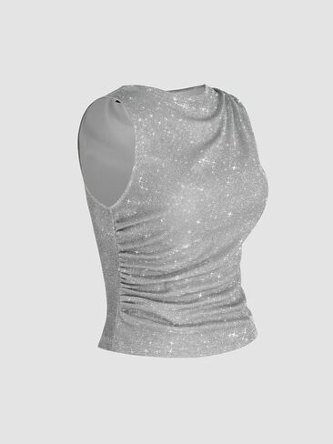 CIDER Round Neck Ruched Glitter Asymmetrical Tank Top in Saudi Arabia