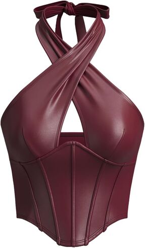 Verdusa Women's Rave Club Faux Leather Corset Tops Summer Cut Out Criss Cross Halter Top in Saudi Arabia