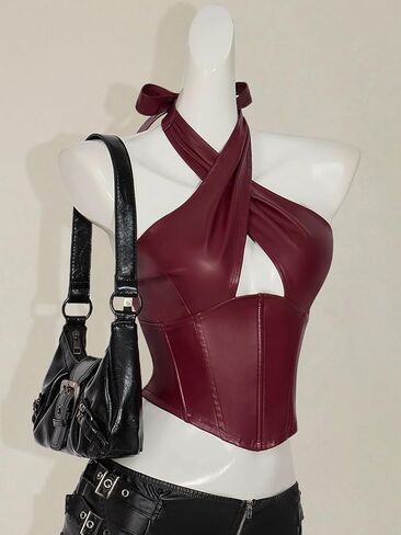 Verdusa Women's Rave Club Faux Leather Corset Tops Summer Cut Out Criss Cross Halter Top in Saudi Arabia