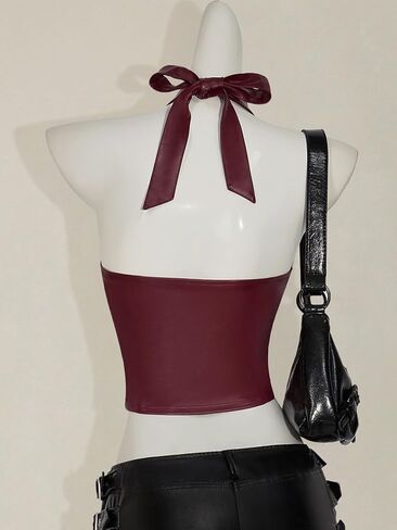 Verdusa Women's Rave Club Faux Leather Corset Tops Summer Cut Out Criss Cross Halter Top in Saudi Arabia