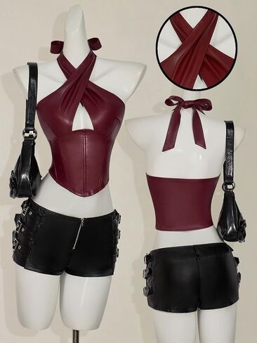 Verdusa Women's Rave Club Faux Leather Corset Tops Summer Cut Out Criss Cross Halter Top in Saudi Arabia