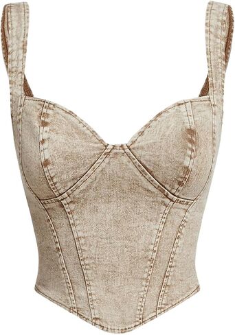 OYOANGLE Women's Denim Sleeveless Crop Tops V Neck Asymmetrical Hem Fitted Jean Corset Bustier Streetwear in Saudi Arabia