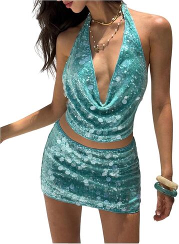 SweatyRocks Women's Sequin Tops Ruched Draped Backless Glitter Sparkly Y2K Halter Top in Saudi Arabia