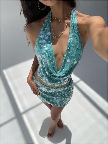 SweatyRocks Women's Sequin Tops Ruched Draped Backless Glitter Sparkly Y2K Halter Top in Saudi Arabia
