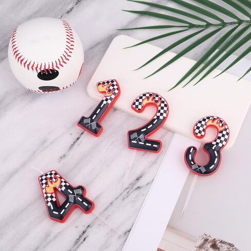 Racing Cars Themed Birthday Candle, Black White Red Checkered Number Cake Topper Birthday Race Car Themed Cupcake Party Decoration(Number 4) in Saudi Arabia