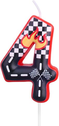 Racing Cars Themed Birthday Candle, Black White Red Checkered Number Cake Topper Birthday Race Car Themed Cupcake Party Decoration(Number 4) in Saudi Arabia