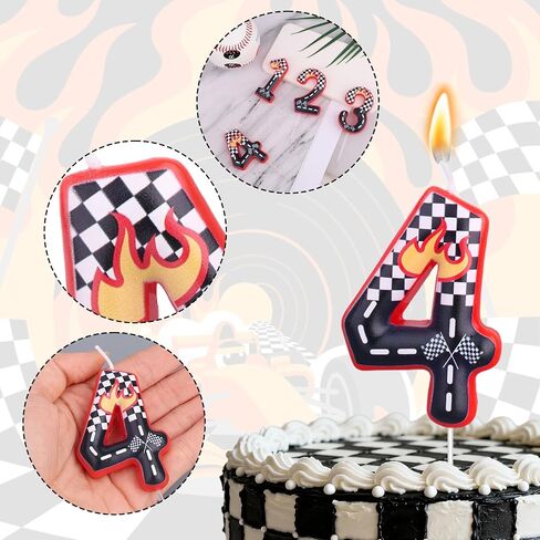 Racing Cars Themed Birthday Candle, Black White Red Checkered Number Cake Topper Birthday Race Car Themed Cupcake Party Decoration(Number 4) in Saudi Arabia