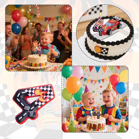 Racing Cars Themed Birthday Candle, Black White Red Checkered Number Cake Topper Birthday Race Car Themed Cupcake Party Decoration(Number 4) in Saudi Arabia