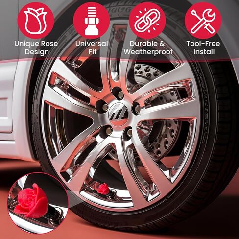 Rose Valve Stem Caps – 4 Pack | Tire Air Caps for Car, Truck, Motorcycle, and Bike | Cute Floral Wheel Accessory | Durable, Weather-Resistant Design – No Tools Required in Saudi Arabia