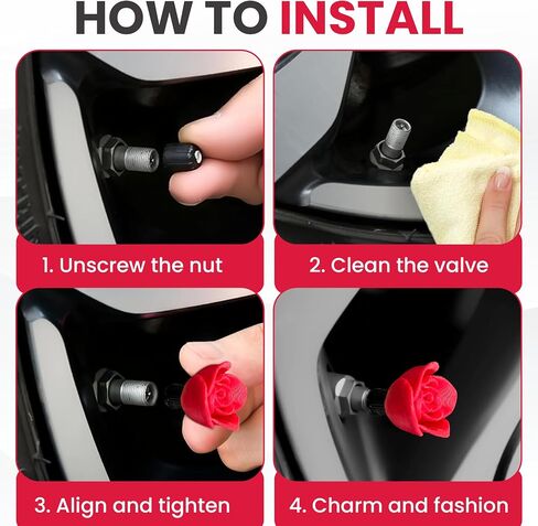 Rose Valve Stem Caps – 4 Pack | Tire Air Caps for Car, Truck, Motorcycle, and Bike | Cute Floral Wheel Accessory | Durable, Weather-Resistant Design – No Tools Required in Saudi Arabia