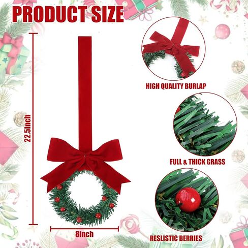 Sggvecsy 12 Pcs 8’’ Christmas Mini Cabinet Wreaths with Ribbon Bows Red Berry Artificial Small Kitchen Wreath for Window Front Door Farmhouse Wall Xmas Decorations(Red Velvet) in Saudi Arabia
