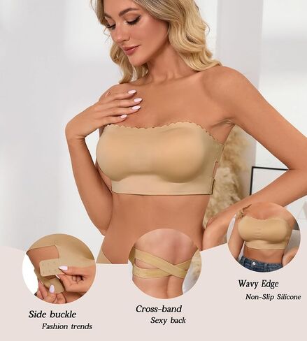 Strapless Bra for Women Non-Slip Silicone Bandeau Comfy Wavy Edge Bras Back Cross Wireless Tube Top Padded in Saudi Arabia