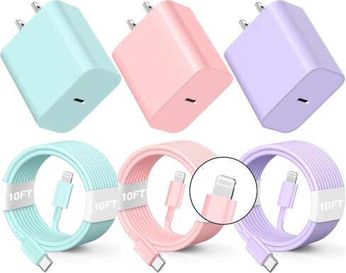 لشاحن الهاتف شحن سريع، [3 عبوات 10أقدام] 20 وات PD USB C كتلة شاحن حائط مع كابل من النوع C إلى الإضاءة متوافق مع الهاتف 14/13/12 Pro Max/11/XS/XR/X/8/Plus in Kuwait