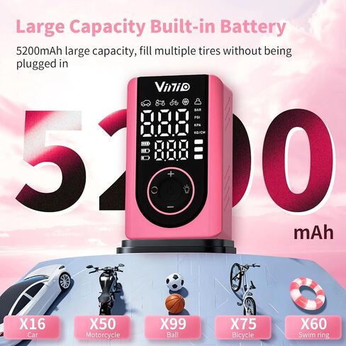 منفاخ إطارات Vinid ضاغط هواء محمول، شاشة رقمية LED وإيقاف تلقائي، 5 نماذج، مضخة هواء 150 رطل لكل بوصة مربعة لإطارات السيارات والكرات والدراجة والدراجات النارية، مع مقياس الضغط والملحقات المتضمنة، وردي in Saudi Arabia