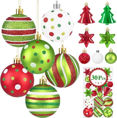 30Pcs Christmas Ball Ornaments, Red and Green Christmas Ornaments, Christmas Tree Decorations, Glittering Hanging Decor for Xmas Tree Topper Holiday Decorations in Saudi Arabia
