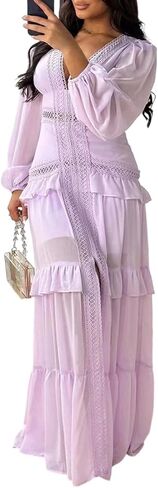 LAJIOJIO Elegant Dresses for Women Wedding Guest,Deep V Neck Puff Long Sleeve Evening Maxi Dress in Saudi Arabia