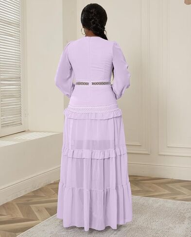 LAJIOJIO Elegant Dresses for Women Wedding Guest,Deep V Neck Puff Long Sleeve Evening Maxi Dress in Saudi Arabia
