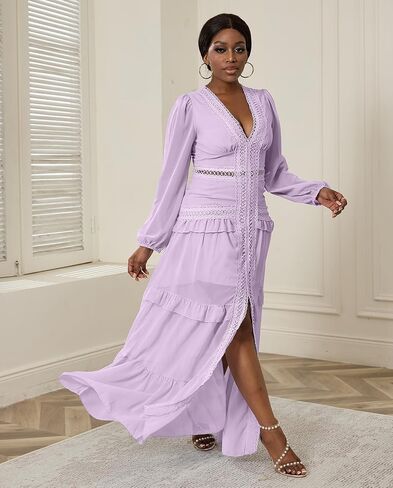 LAJIOJIO Elegant Dresses for Women Wedding Guest,Deep V Neck Puff Long Sleeve Evening Maxi Dress in Saudi Arabia