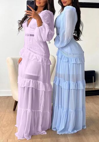 LAJIOJIO Elegant Dresses for Women Wedding Guest,Deep V Neck Puff Long Sleeve Evening Maxi Dress in Saudi Arabia