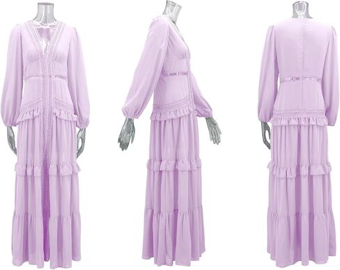 LAJIOJIO Elegant Dresses for Women Wedding Guest,Deep V Neck Puff Long Sleeve Evening Maxi Dress in Saudi Arabia