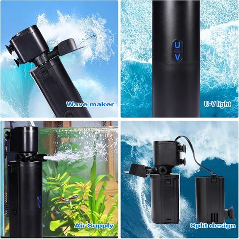 Dual-Chamber U-V Aquarium Filter, 4-in-1 Submersible Filter for 20-75 Gal Turtle Tanks, Ultra-Silent Green Clean Machine with Filtration, Wave Making & Oxygenation(FIN-A01(20-75Gal)) in Kuwait