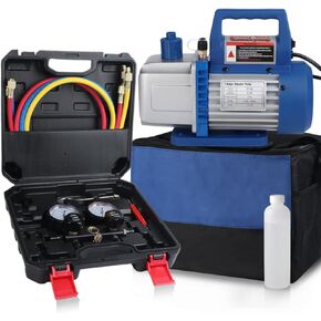 1/3 hp AC Vacuum Pump and Gauge Kit, R1234yf 4-Way cfm HVAC Vacuum Pump and 3 Hoses & Adapter, Punctureable and Self-Sealing R134a Can Taps，A/C Vacuum Pump Kit