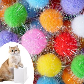 DF DUALFERV 60 Pcs Cat Pom Pom Balls, Interactive Pom Pom Cat Toys, Sparkle Balls for Cats, Extra Large Fuzzy Cat Balls for Exercise and Entertainment, Multicolor, 1.5 Inch