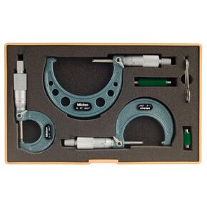 Mitutoyo 103-929 Outside Micrometer Set with Standards, Ratchet Stop, 0-3" Range, 0.001" Graduation (3 Piece Set)