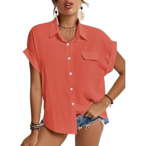 LYANER Women's Casual Collared Rolled Up Cap Sleeves Button Down Work Blouse Shirt Tops