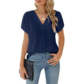 BMJL Women's Dressy Casual Blouses White Business Work Tops Petal Short Sleeve V Neck T Shirt Summer Outfits 2024