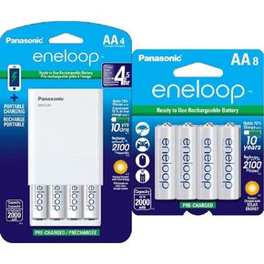 Panasonic K-KJ87MCA4BA Individual Battery Charger with Portable Charging Technology and 4AA Eneloop Rechargeable Batteries, White