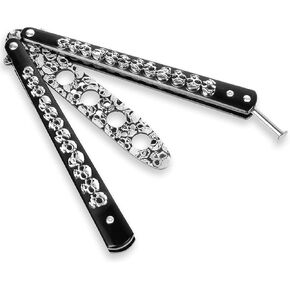 MORDEN MS Practice Finger Trainer Tool, Cool Skull Steel Metal Folding Balisong Tool with Latch for Training and Practicing Flipping Tricks, Strong and Durable Gift for Men Boys Kids CSGO