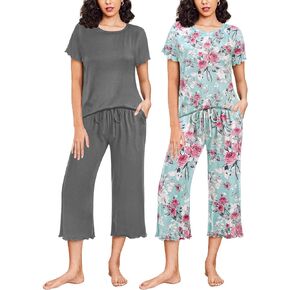 Ekouaer 2 Pack: Women's Pajamas Set Short Sleeve Sleepwear Capri Pants Pjs Sets Soft Loungewear With Pockets