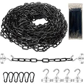 50 Feet Black Plastic Chain, Safety Chain, Plastic Barrier Chain Link with 6 Carabiner Clips & 20 Zip Ties & 4 Magnetic Hooks for Crowd Control, Parking Barrier, Doorway Garage, Fence Line