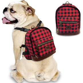 Lapewit Dog Backpack Cute Backpack for Dogs, Built-in Dog Poop Bag Dispenser, Buffalo Plaid & Pu Leather Design Dog Pack for Hiking Training and Daily Walking, Fit Puppy and Small Dogs