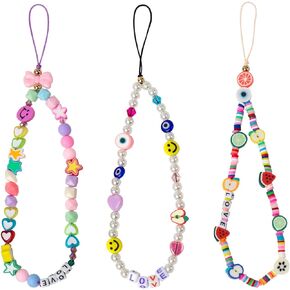 3 Pieces Smile Face Beaded Phone Lanyard Wrist Strap Fruit Star Letter Pearl Handmade Rainbow Polymer Clay Acrylic Beads Pearl Bracelet Keychain for Women