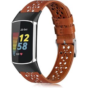 Leather Bands for Fitbit Charge 6 bands/Charge 5 bands for Women Men,Floral Breathable Hollow Replacement Wristbands Band for Fitbit Charge 5/Charge 6 Fitness Tracker,Black