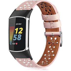 Leather Bands for Fitbit Charge 6 bands/Charge 5 bands for Women Men,Floral Breathable Hollow Replacement Wristbands Band for Fitbit Charge 5/Charge 6 Fitness Tracker,Black
