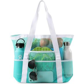 Mesh Beach Bag, Large Beach Bags for Women, Beach Tote Bag with Multi Functional Pockets for Family Travel/Vacation