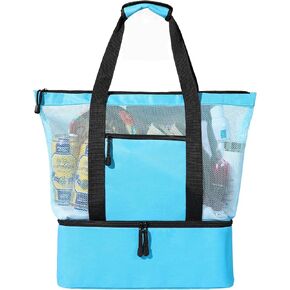Mesh Beach Tote Bag - Large Beach Bags with cooler, Cooler beach Bags for Women, Waterproof Sandproof Swim Pool Travel Daily Beach Tote Bag, Blue