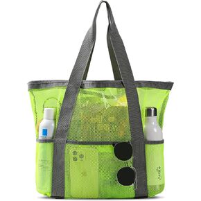 Mesh Beach Bag, Large Beach Bags for Women, Beach Tote Bag with Multi Functional Pockets for Family Travel/Vacation